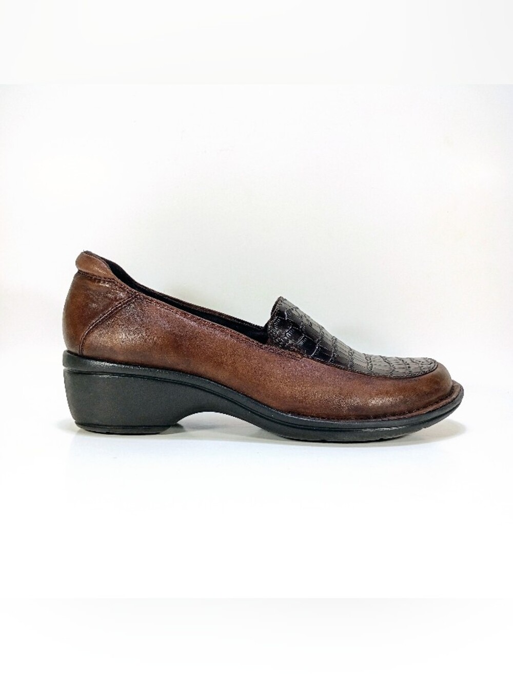 Clarks Azlyn Wish Womens 9 Brown Leather With Croc Print Slip On Wedge Loafers